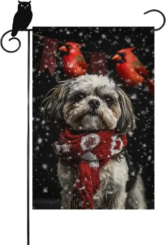 Hello Winter Shih Tzu Garden Flag Vertical Double Sided Cardinal Bird, 12x18 XXQ