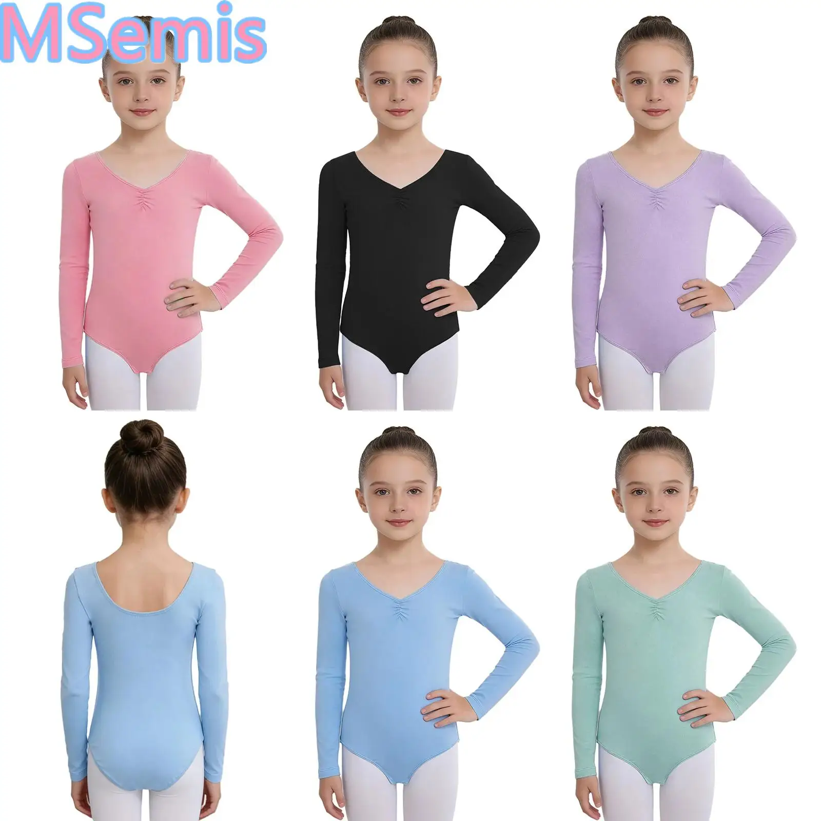 Kids Girls Ballet Dance Leotard Ruched V-Neck Long Sleeve Press Button Crotch Leotard for Gymnastics Dance Practice Performance