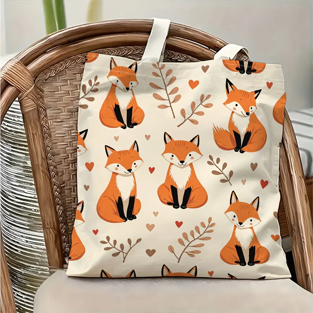 1 Piece of Cute Little Fox and Leaf Heart Canvas Shoulder Bag, Lightweight Foldable Tote Bag with Fixed Shoulder
