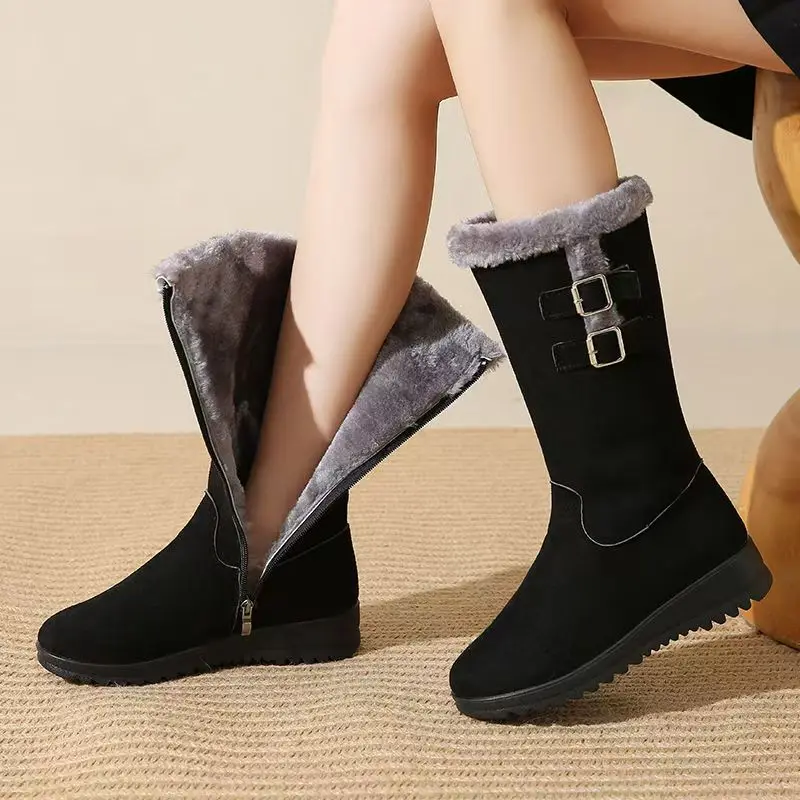 

Women's Winter New Flat Sole High Top Big Size Snow Boots Soft Sole Non Slip Plush Warm Zippers Cotton Boots Slimming Leg Boots