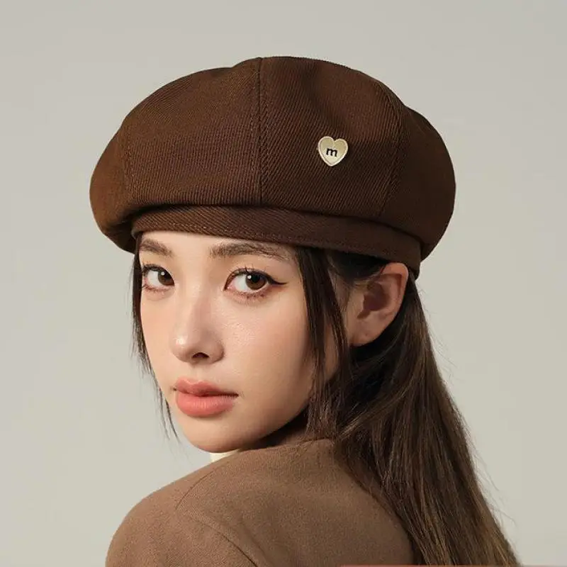Women Berets French Artist Style Warm Hat Retro Octagonal Newsboy Metal Heart Solid Color Ladies All Matched Caps Four Seasons image 4
