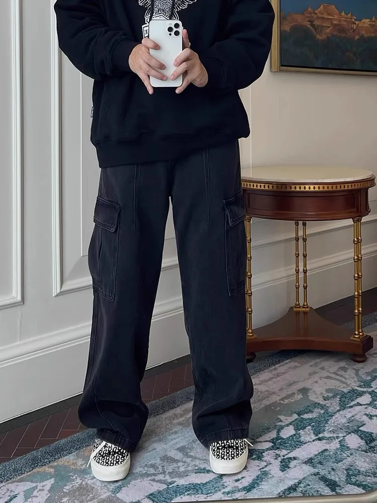 

Мужская рабочая одежда в американском стиле ретро, джинсы, свободные прямые брюки с несколькими карманами, индивидуальный дизайн, японские длинные брюки