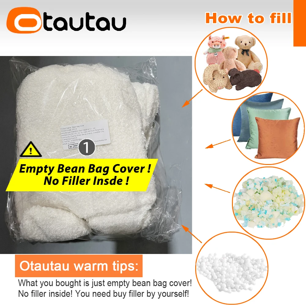 OTAUTAU Adults Size L White Bean Bag Cover Faux Lamb Christmas Gift SF545【No Filler Inside! Need To Fill It By Yourself !】