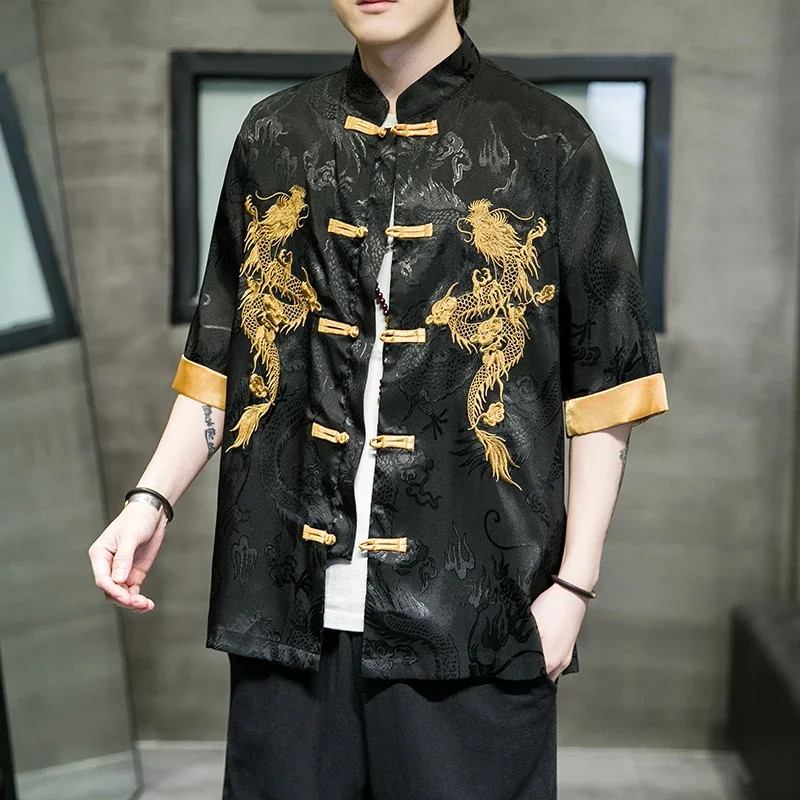 Creative Golden Dragon Embroidery Men Shirt Tang Suit Hanfu Retro Cheongsam Casual Kung Fu Top Traditional Zen Tea Cardigan Coat