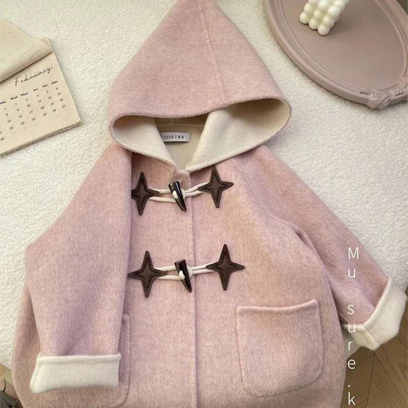 Korean version 3-16Y  girl's new pink star horn button woolen coat for baby girls sweet hooded coat tide 90-140cm