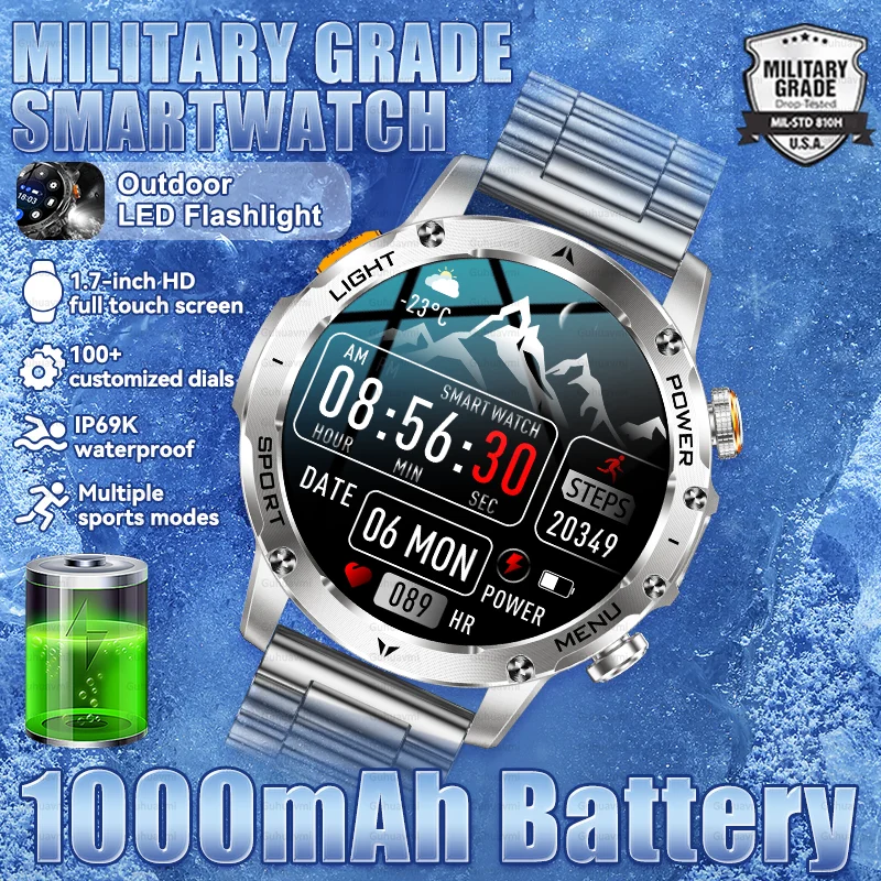 

2025 Новые мужские военные часы с аккумулятором 1000 мАч, уличные умные часы, светодиодный фонарик, водонепроницаемые умные часы с пульсометром и вызовом Bluetooth