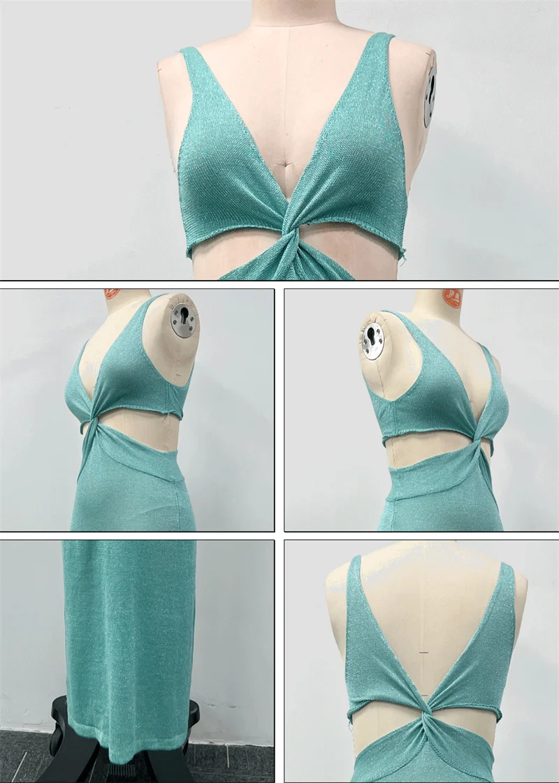 Women's Summer Deep V Neck Sleeveless Backless Long Knit Dress Cross-Cut out Swimsuit Beach Bikini Cover up Crochet Swimwear