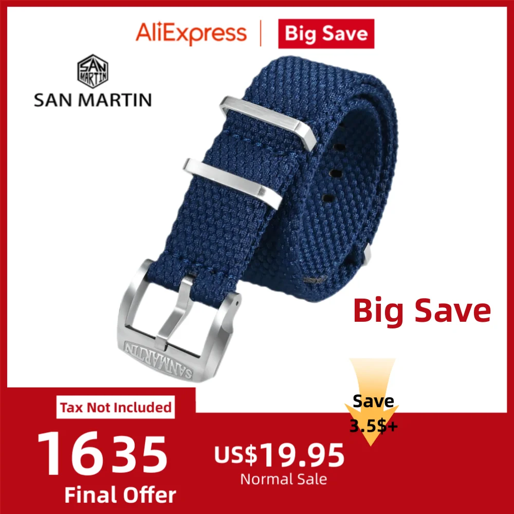 San Martin Braided Linen Watch Strap 22mm 20mm Paratrooper Watchband Fabric Watch Band Buckle Belt Breathable BD0012