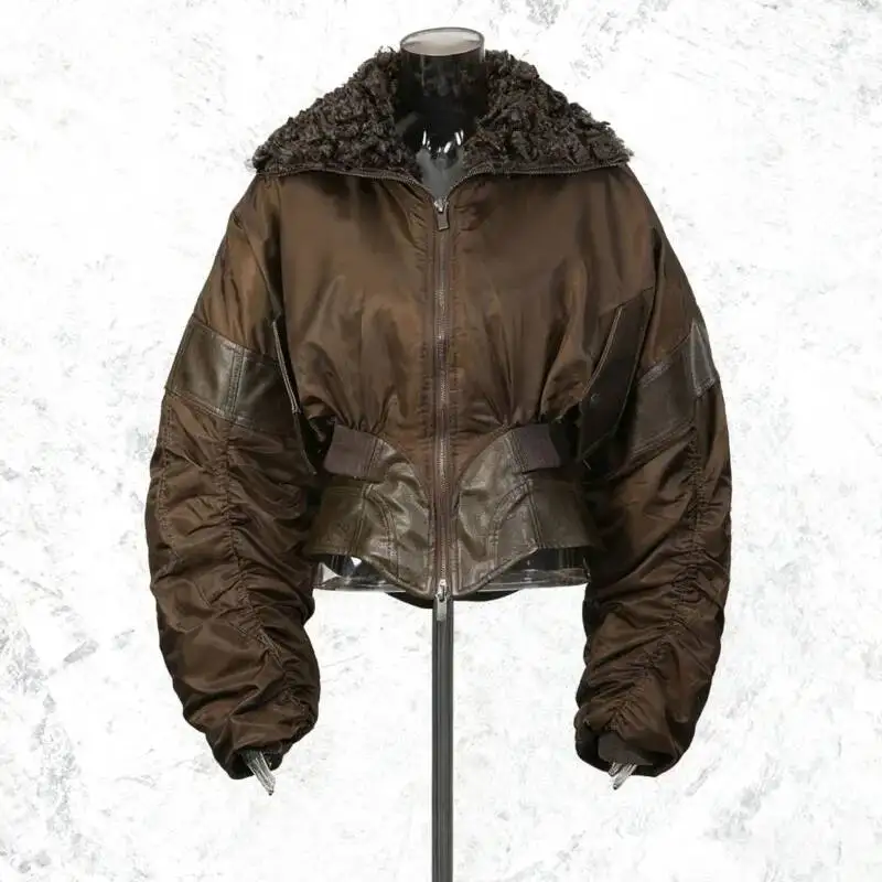 HKSH Autumn Winter New Women Cotton-padded Coat Pleated Sleeves Fur Collar Spliced PU Leather Waist Cinching Warm Jacket HK17097