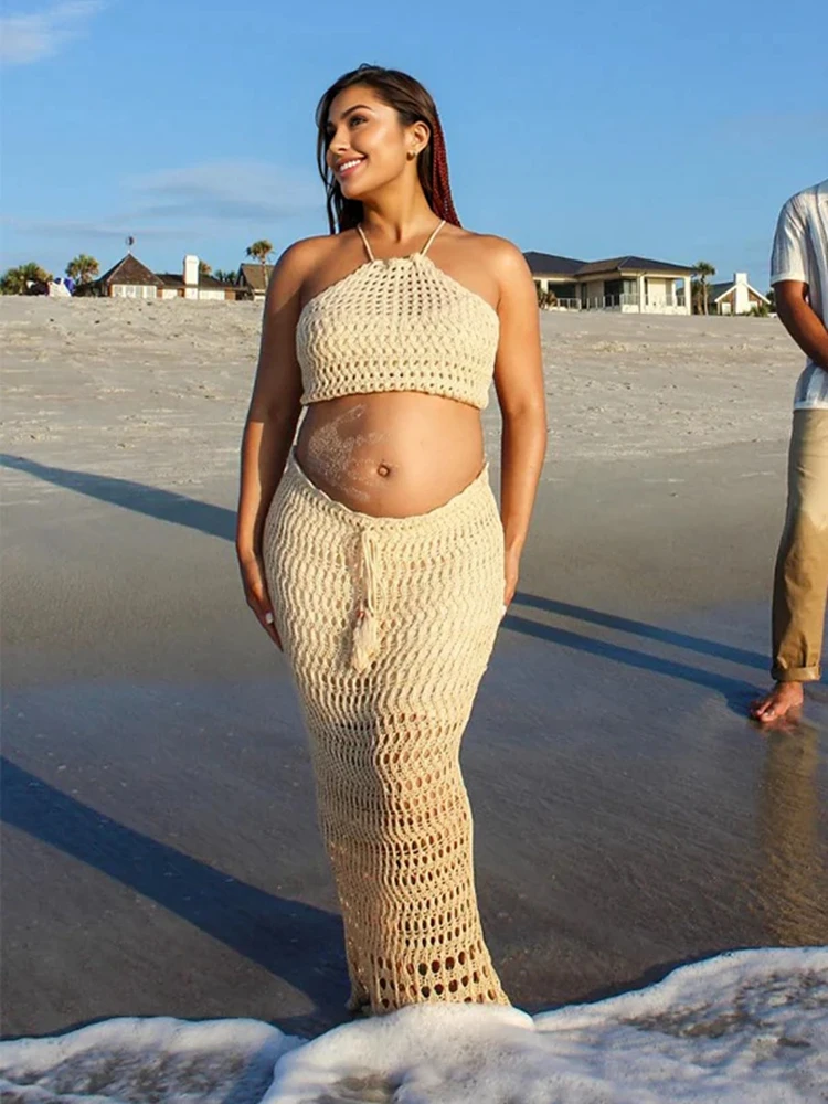 boho-maternita-fotografia-set-all'uncinetto-beige-halter-top-maxi-gonna-spiaggia-gravidanza-servizio-fotografico-vestito-maternita-foto-abito