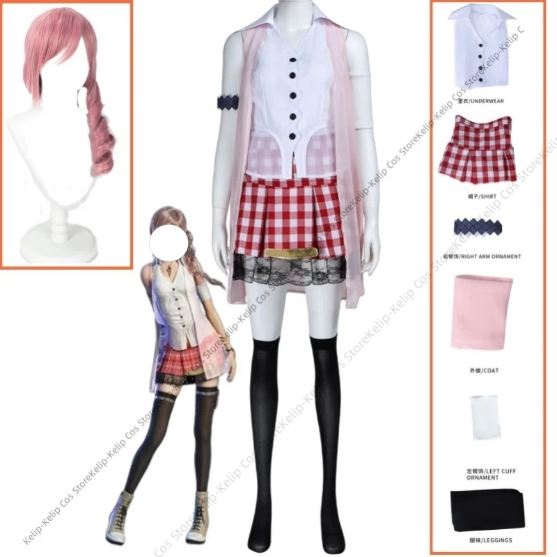 Costume de cosplay Farron, châle rose, jupe à carreaux, perruque, tenue de loisirs quotidienne sexy et mignonne pour femme adulte