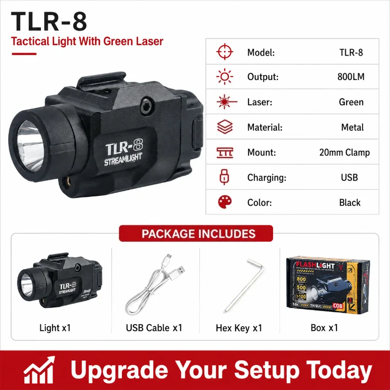 Sturdy 20mm Clamp TLR‑8 Light Unit 800LM Red Green Laser Metal Under‑barrel Hobby Accessory