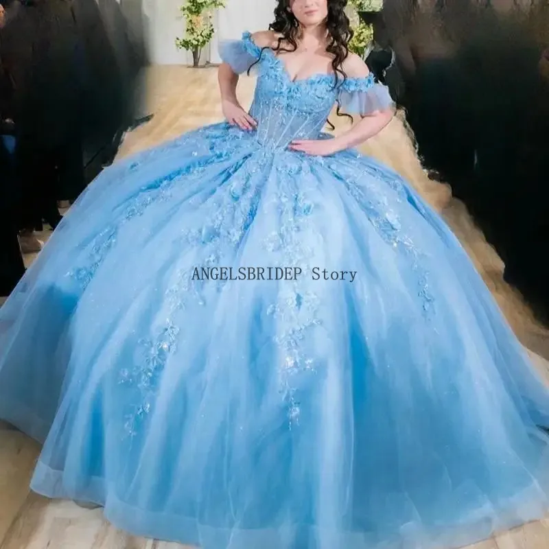 ANGELSBRIDEP Shiny Sky Blue Quinceanera Dresses 2025 Ball Gown Off Shoulder Appliques Bow Beads Tull Crystal 16 Dress Customized