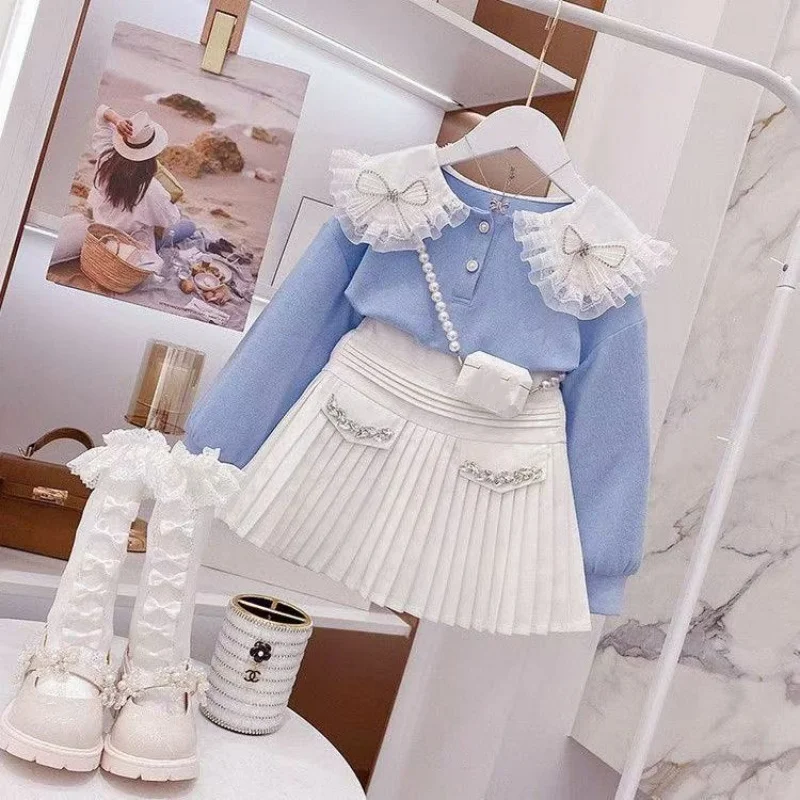 

Girls' Sweater Pleated Skirt Set 2025New Style Spring Middle School Children's Korean Version Bowtie College Style Two-piece Set