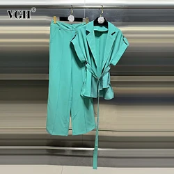 VGH Casual Two Piece Sets For Women Notched Collar Short Sleeve Spliced Belt Shirt High Waist Straight Pants Slimming Set Female