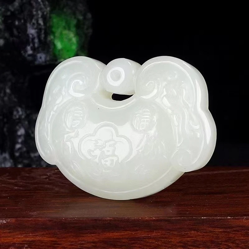 

Hotan White Lock Pendant Men and Women, Fortune Character Jade Amulet Jewelry