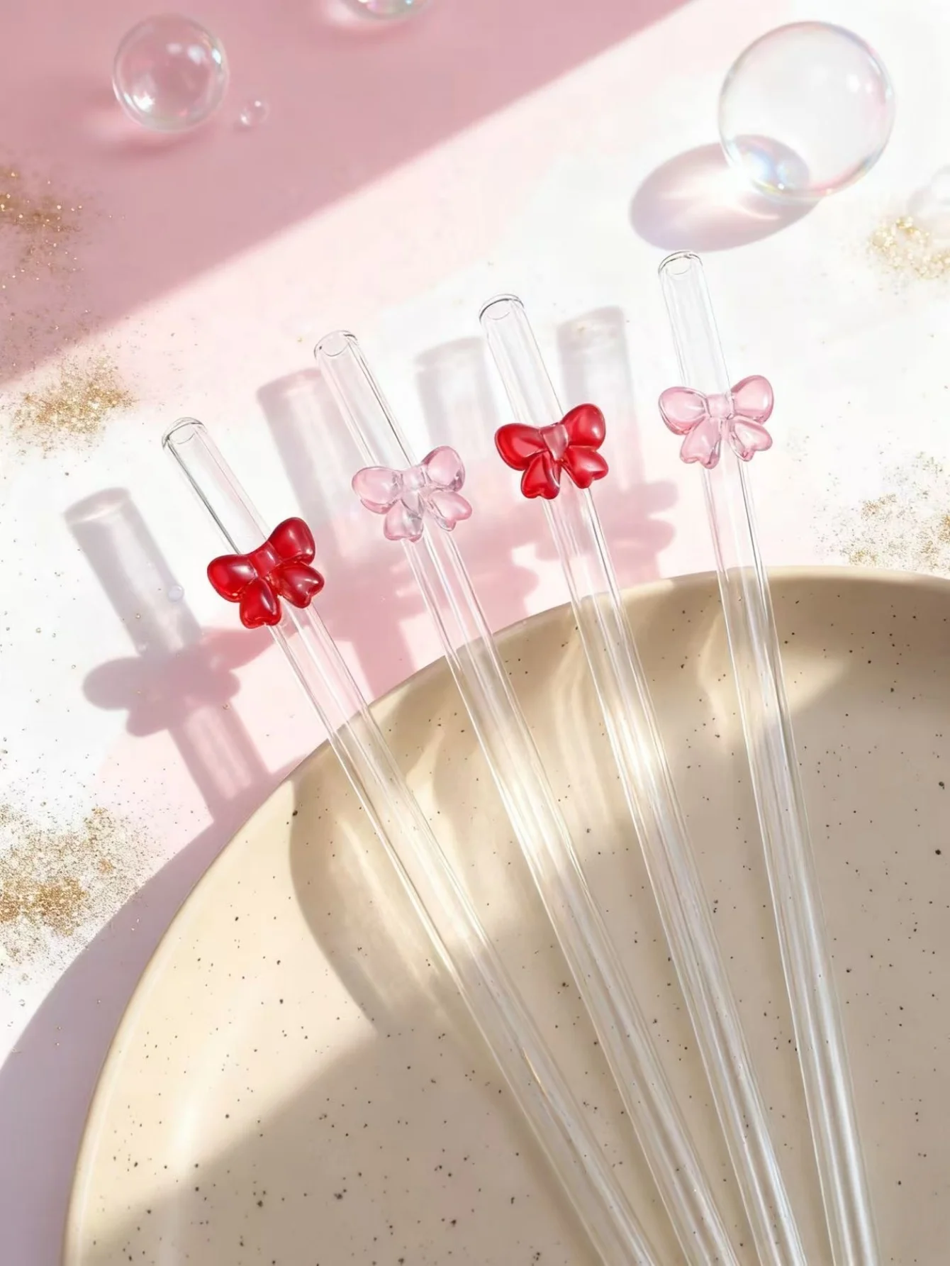1/2/6PCS Romantic & Bow Glass Straws, Reusable Bent Straw for Valentine's Day, Couples Gift, Tea,Coffee, Anniversary, Birthday