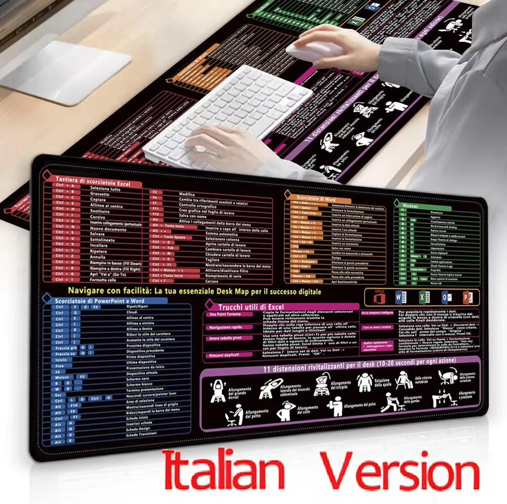 Italian For Excel/Word/Windows/PPT Cheat Sheet Large Mouse pad Computer Keyboard Pad for Office Worker Student Office Desk Mat