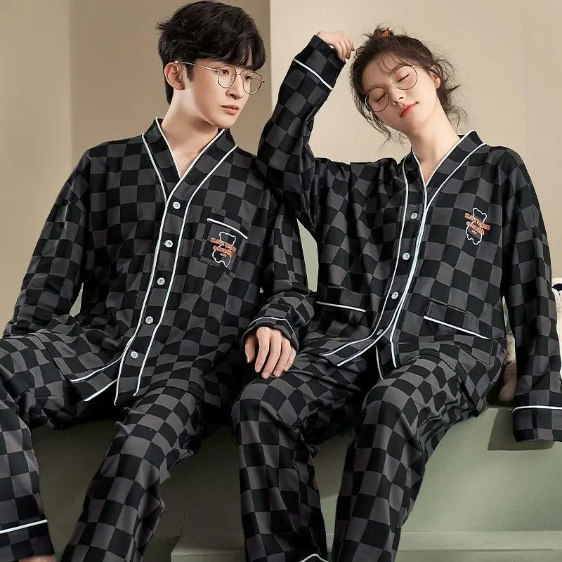 Couple Pajamas 100% Cotton 2023 Women's Pajamas Autumn and Spring V-neck Button Cardigan Loungewear Women Men Sleepwear