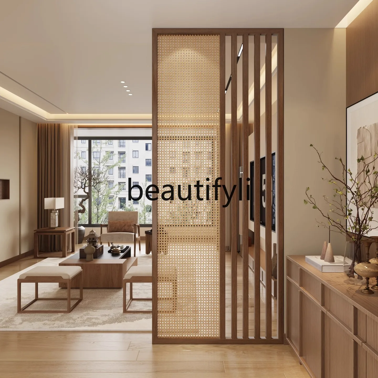 

New Chinese Style Solid Wood Rattan Screen Partition for Home Hotel Tea Room Entrance Door Blocking