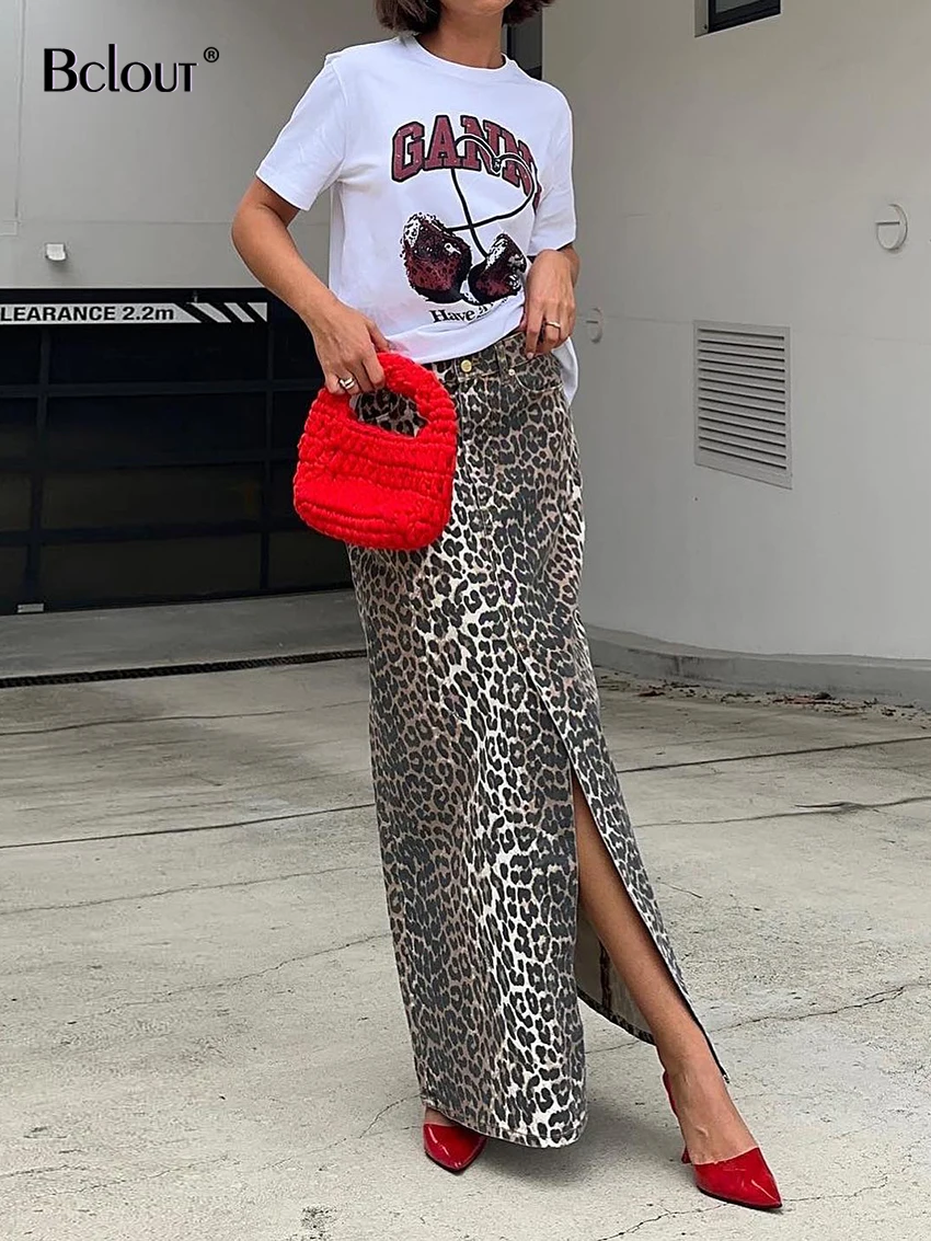 

Bclout Fashion Denim Leopard Skirts Women 2024 Summer Cotton Slit Straight Long Skirts Streetwear Sexy Pockets Party Skirts 2024