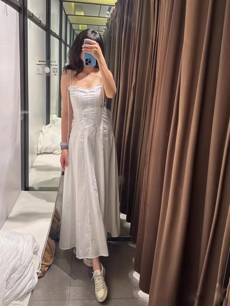 Vestido Midi F E de Verão, Nova Coleção, com Camadas Decorativas de Seda e Cetim, sem Alças, Cintura Alta, Teci...