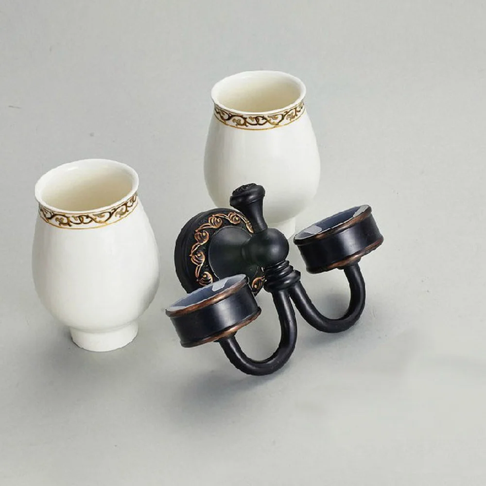 

Oil Rubbed Bronze Toothbrush Holder With Dual Ceramic Cups Wall Mounted Bathroom Accessories aba472