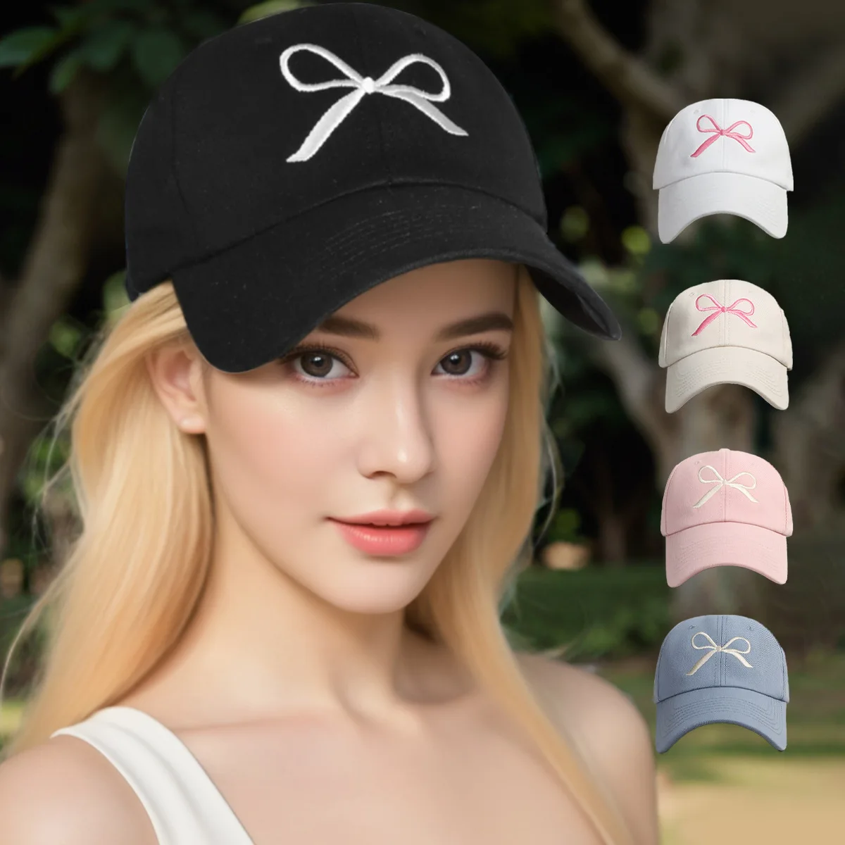 New Summer Cotton Korean Bow Baseball Cap Pink Embroidery Butterfly Girl Solid Color Visor Hat For Women Adjustable Sunshade