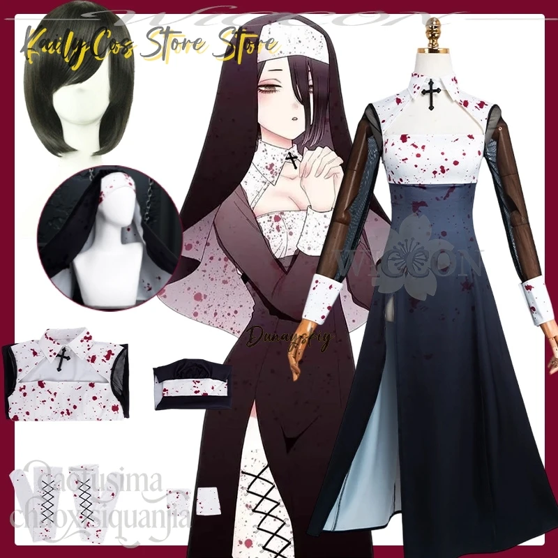 

Китагава Марин, косплей, аниме 2, костюм Кровьера, монахини, сексуальное платье с высоким разрезом, готическая Лолита, вечерние, шляпа, парик, Хэллоуин