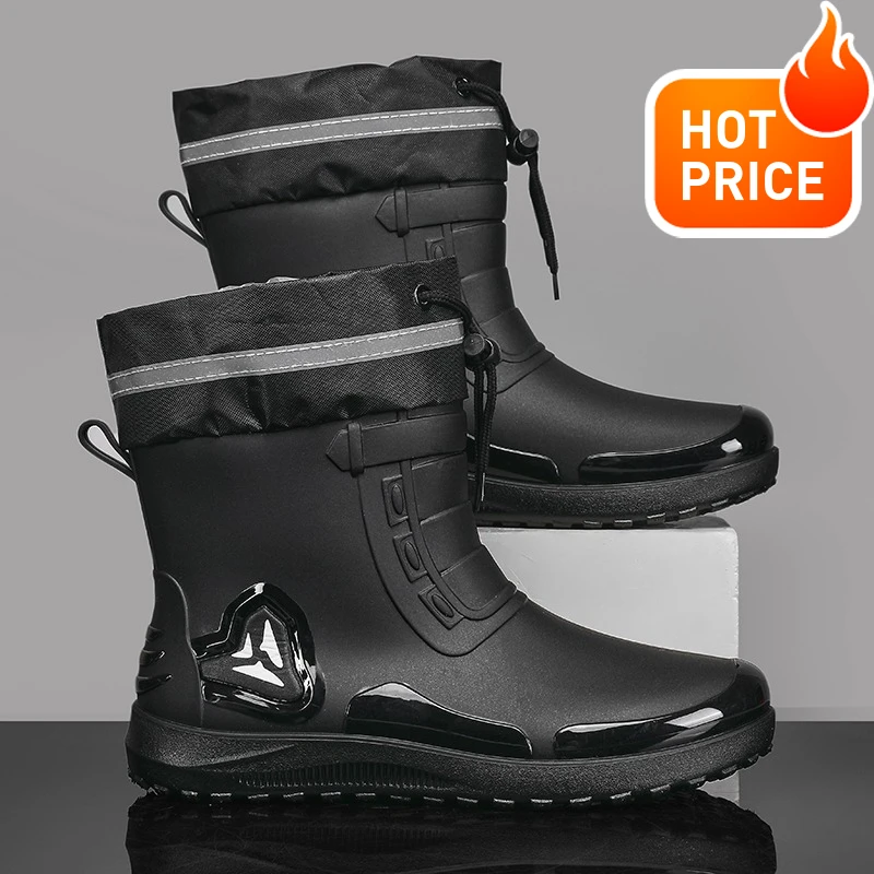 

Новые мужские водонепроницаемые резиновые сапоги с утеплением, на шнуровке, с вельветовой подкладкой, теплые, нескользящие, на плоской подошве, модные, для курьеров и доставки еды.