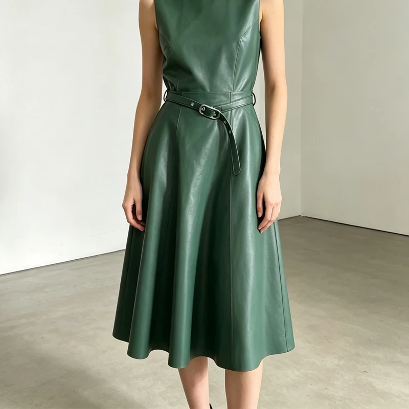 100% First Layer Sheepskin Women Long A-line Skirts 2026 Chic Ladies Green/Black/Coffee Big Hem Real Leather Skirts With Belt