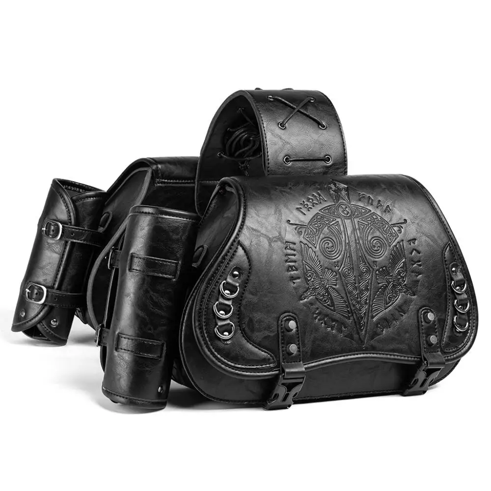 Retro Pressure Flower Motorcycle Hanging Bag Pu Leather Knight Modification Bag for Multi Model Universal Medieval Steampunk