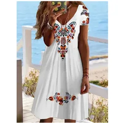 Frauen Sommer Kurzarm V-Ausschnitt Freizeit kleid 3d Vintage Blumen gedruckt elegante knielange Kleid S-3XL Dame Vestidos