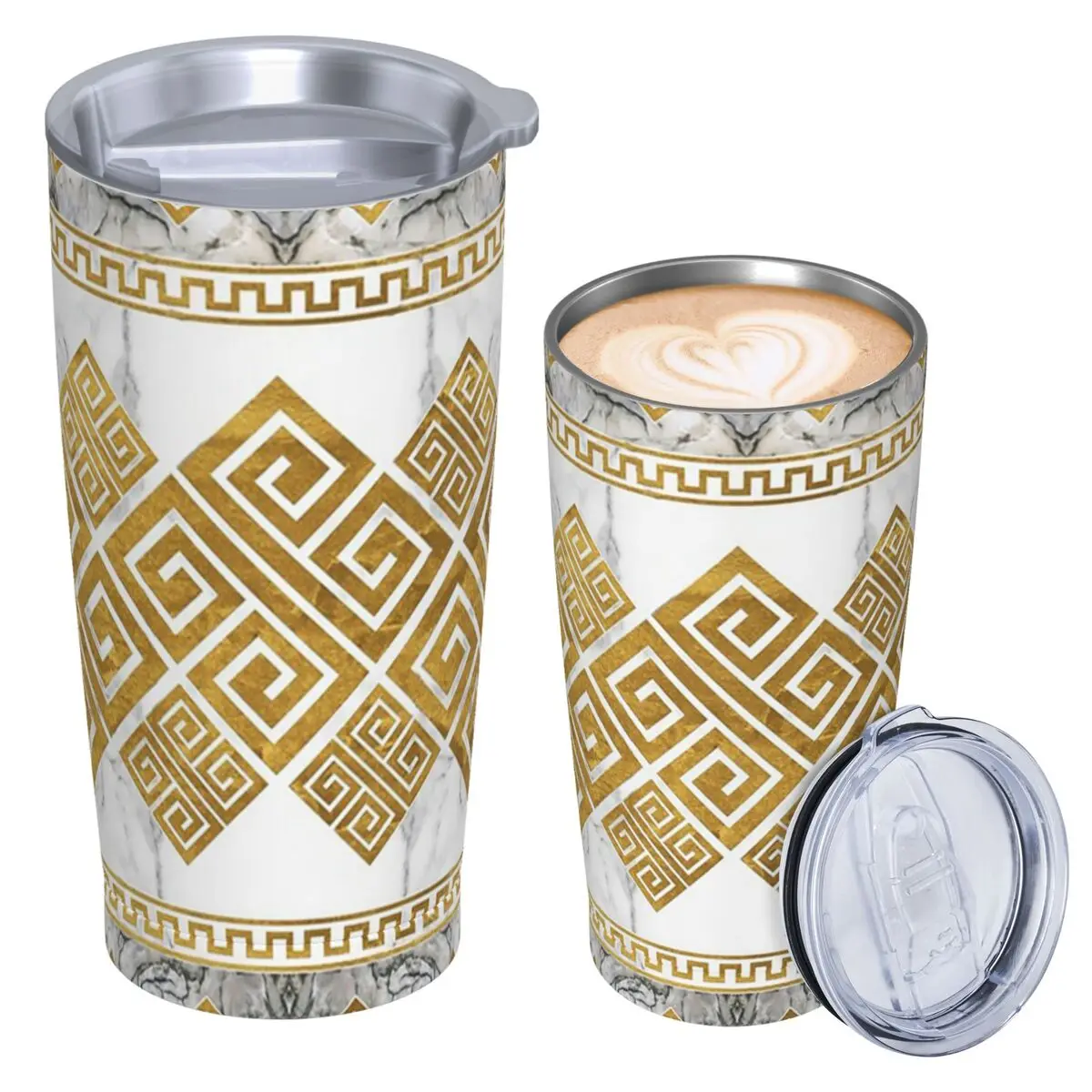 Greek Meander - Greek Key White Marble And Gold Stainless Steel Tumbler Vacuum Insulated Mugs Thermal Cold Cups Straws With Lid