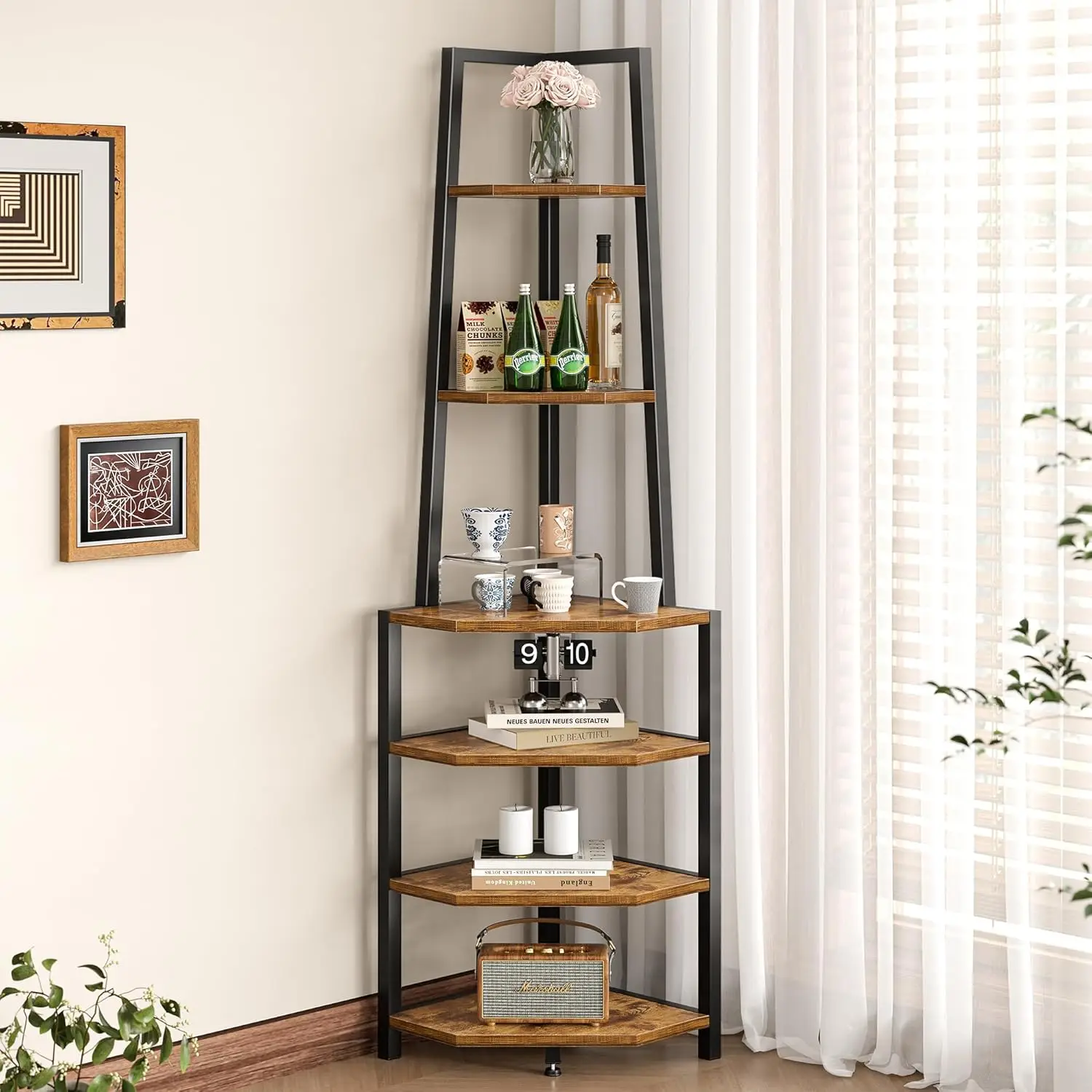 

6 Tier Corner Shelf 69 Inch Industrial Bookshelf with Metal Frame, Multipurpose Tall Plant Stand for Living Room, Bedroom, Home Office, Small Space, Brown
