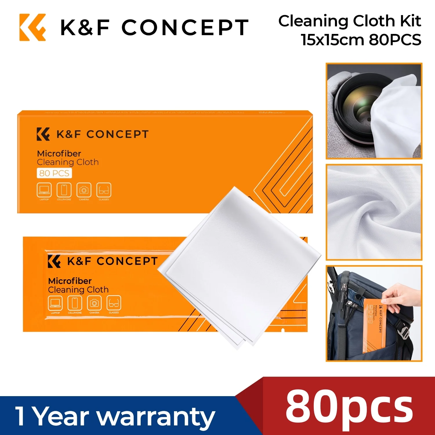 K&F CONCEPT 80pcs 15x15cm Microfiber Cleaning Cloths Individually Vacuum Wrapped for Camera Lens Glasses Phones Screen Wipes