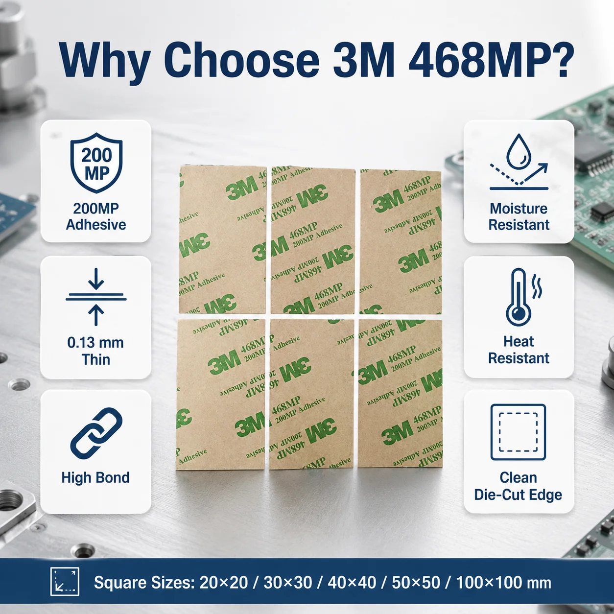 3M 468MP Square Adhesive Transfer Pads 0.13mm High Bond Heat Resistant For Metal Nameplates Panels Die Cutting 20-100mm