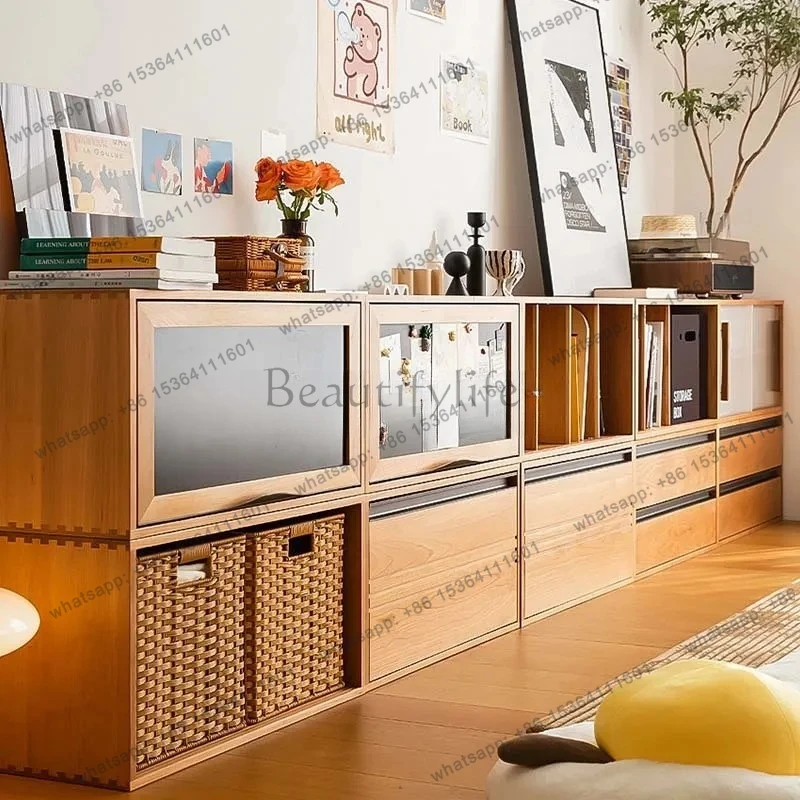 Modern Simple Solid Wood Wall Living Room Lattice Combination Floor TV Cabinet Home Bedroom Locker