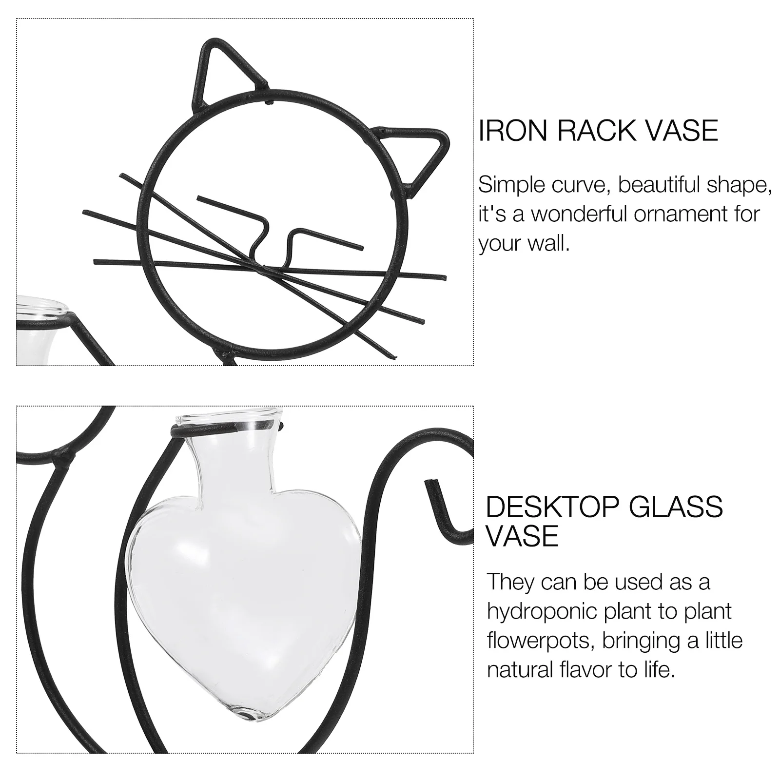 

Cute Cat Shaped Glass Vase with Iron Frame for Hydroponic Plants Clear Wall Mounted Decor for Home Office Desktop Flower