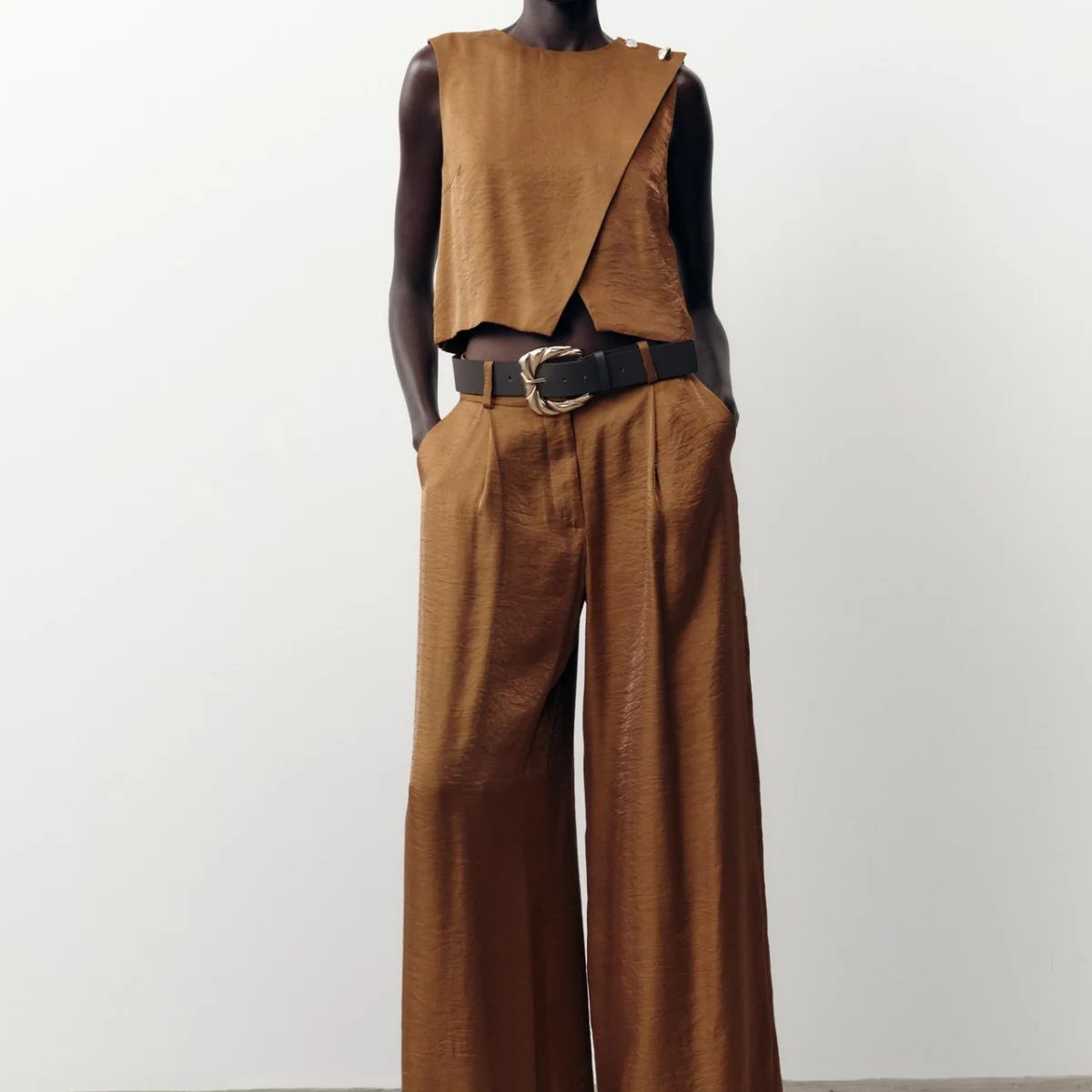 Haut à texture satinée en soie avec double revers, pantalon long ample, ceinture, effet anti-âge, ensemble Faion polyvalent pour femmes, rond Ne S...