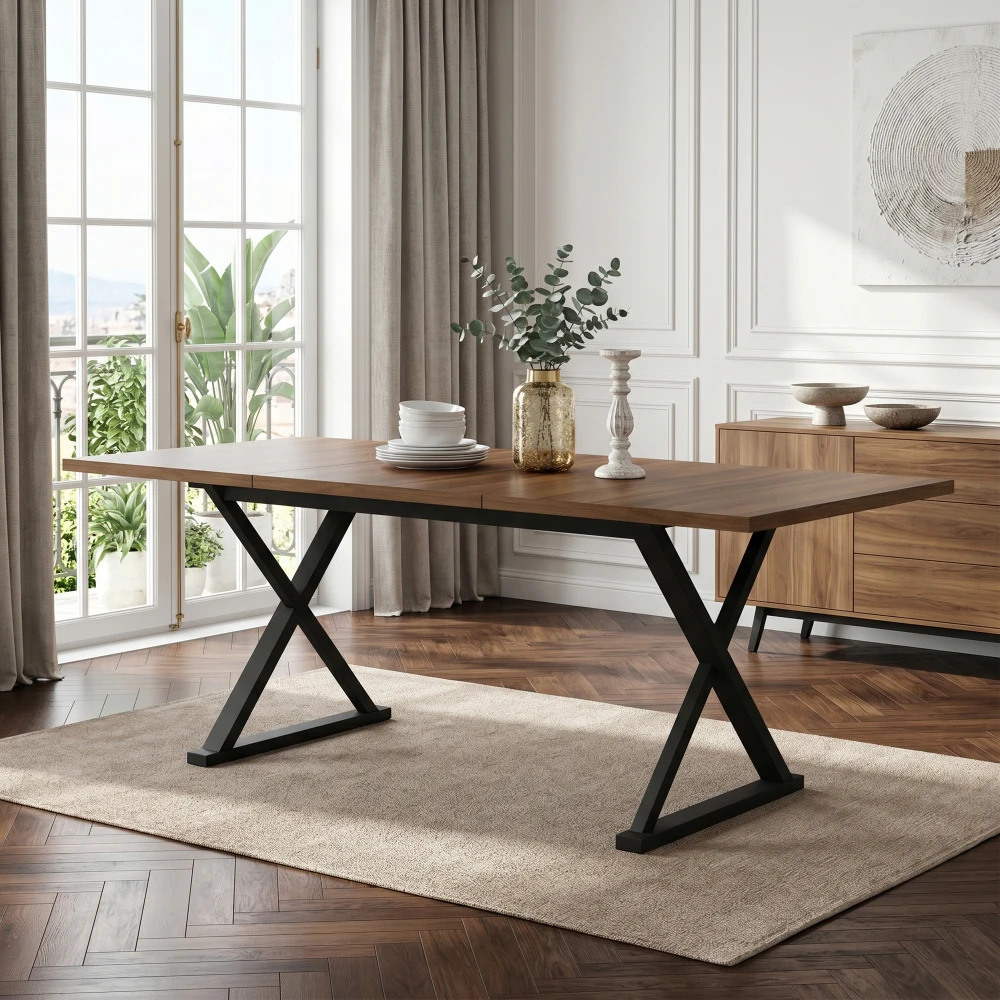 Table à manger, 180 cm de long x 90 cm de large x 75 cm de haut, style moderne, robuste et durable, pieds en métal, peut accueillir 6 à 8 personnes, style moderne épuré, couleur noyer + noir.