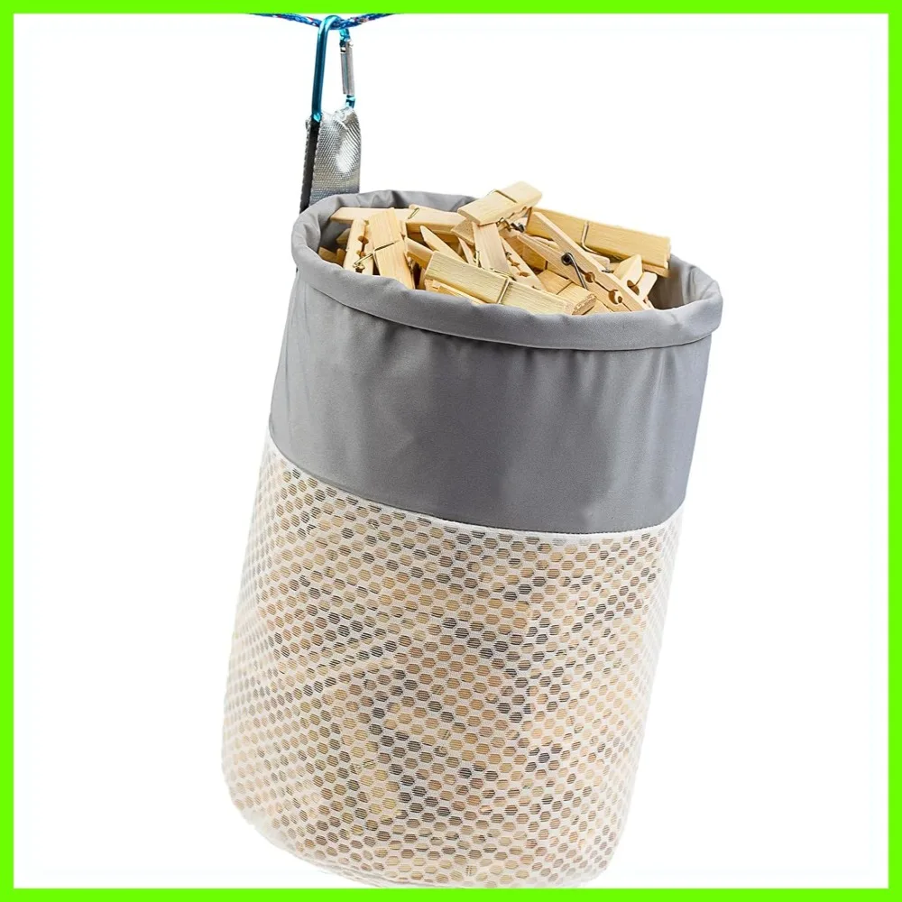 

Mesh Clothespin Bag Holder for Outdoor, Ventilation & Moisture Resistant, Drawstring Closure, Large Capacity with Hooks