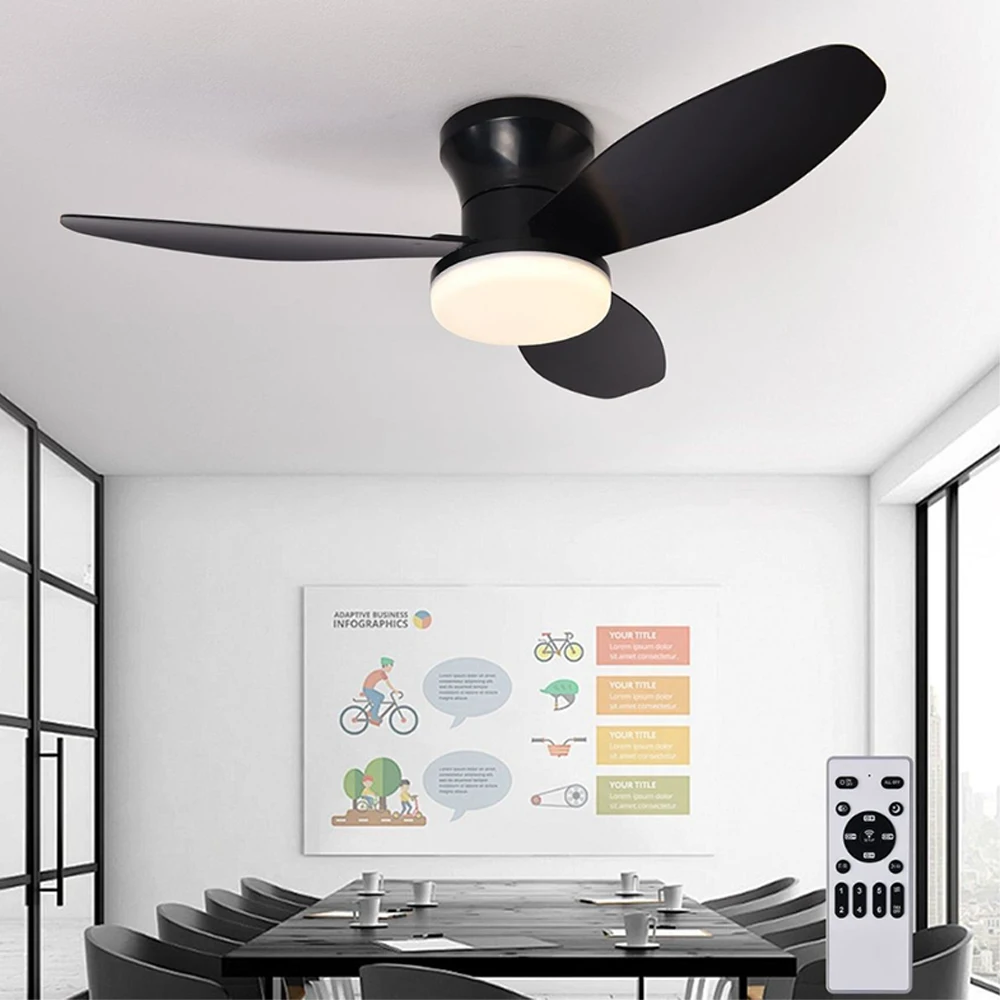 

Three-leaf Low ceiling fan with light, remote control control, LED dimming, classic black appearance, suitable for living room