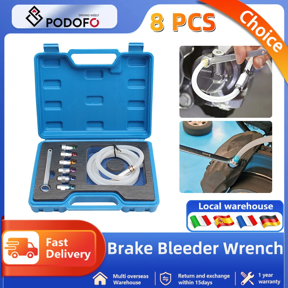 Podofo 8pcs Brake Bleeder Wrenches Bleed Extractor Socket & Check Valve Manual Brake Oil Bleed Hose and Drain Plug Wrench