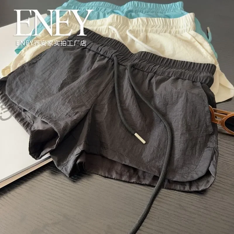 Bright Blue Women's New Style Stitched Elastic High Waist Pocket Fashion Solid Color Sports Casual Wide Leg Shorts
