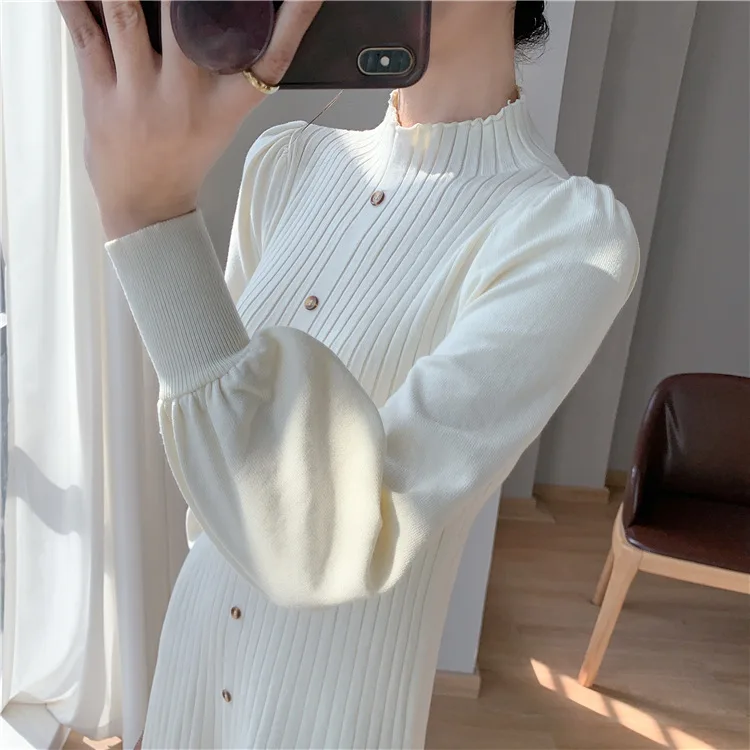 Knitted Dress For Women Elegant Turtleneck Long Lantern Sleeve Single Breasted Loose Vestidos Fashion 2024 Office Lady Knit Robe