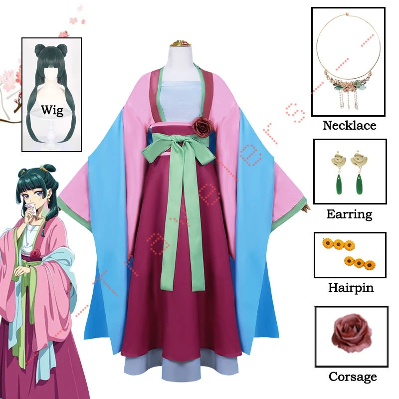 Traje de Cosplay Anime com Peruca para Mulheres, The Explosion Diaries Vestido, Saia, Top Verde, Gancho de Cabelo, Kusuriya No Hitorigoto, Halloween