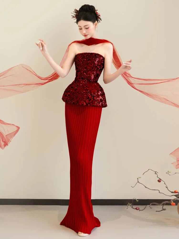 

Роскошное свадебное платье Ele Red Fi Tail с дизайном без бретелек для женщин, идеально подходит для свадебных торжеств и вечеринок