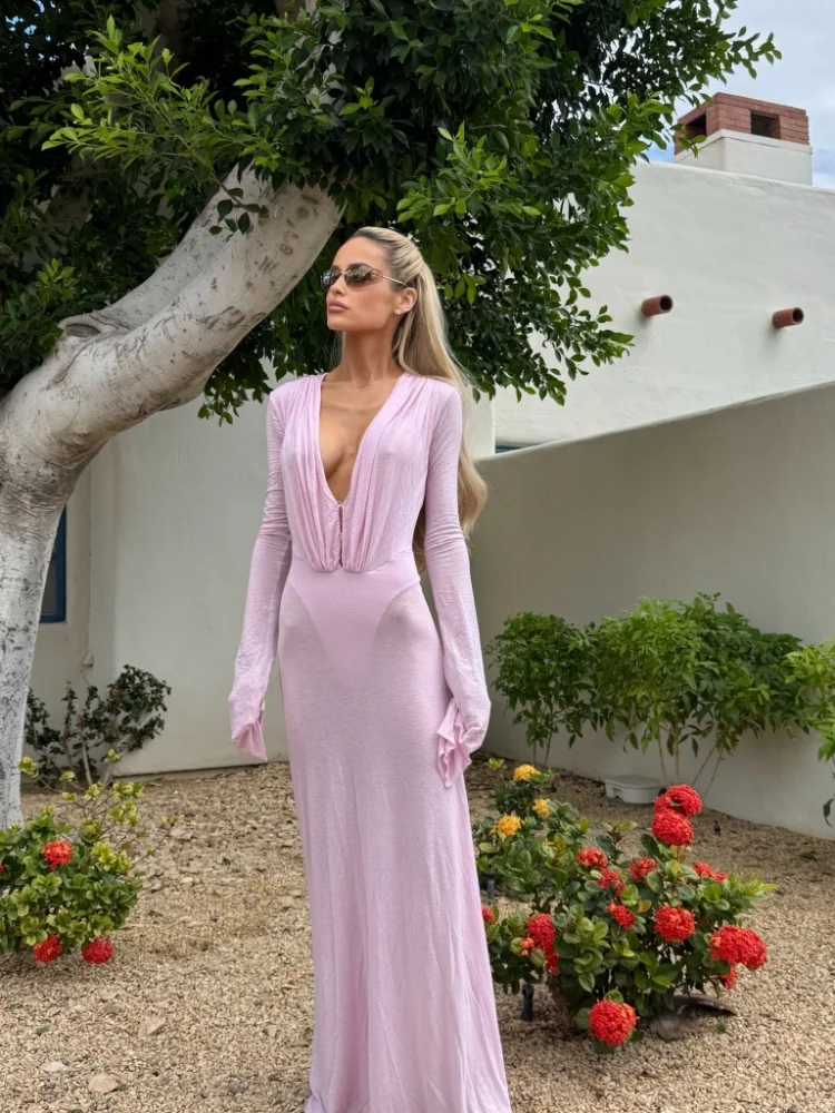 

Women's Soft See Through Mesh Long Maxi Dresses Sexy Deep V Ruched Bust Flared Long Sleeve Slim Floor Length Party Club Skirt