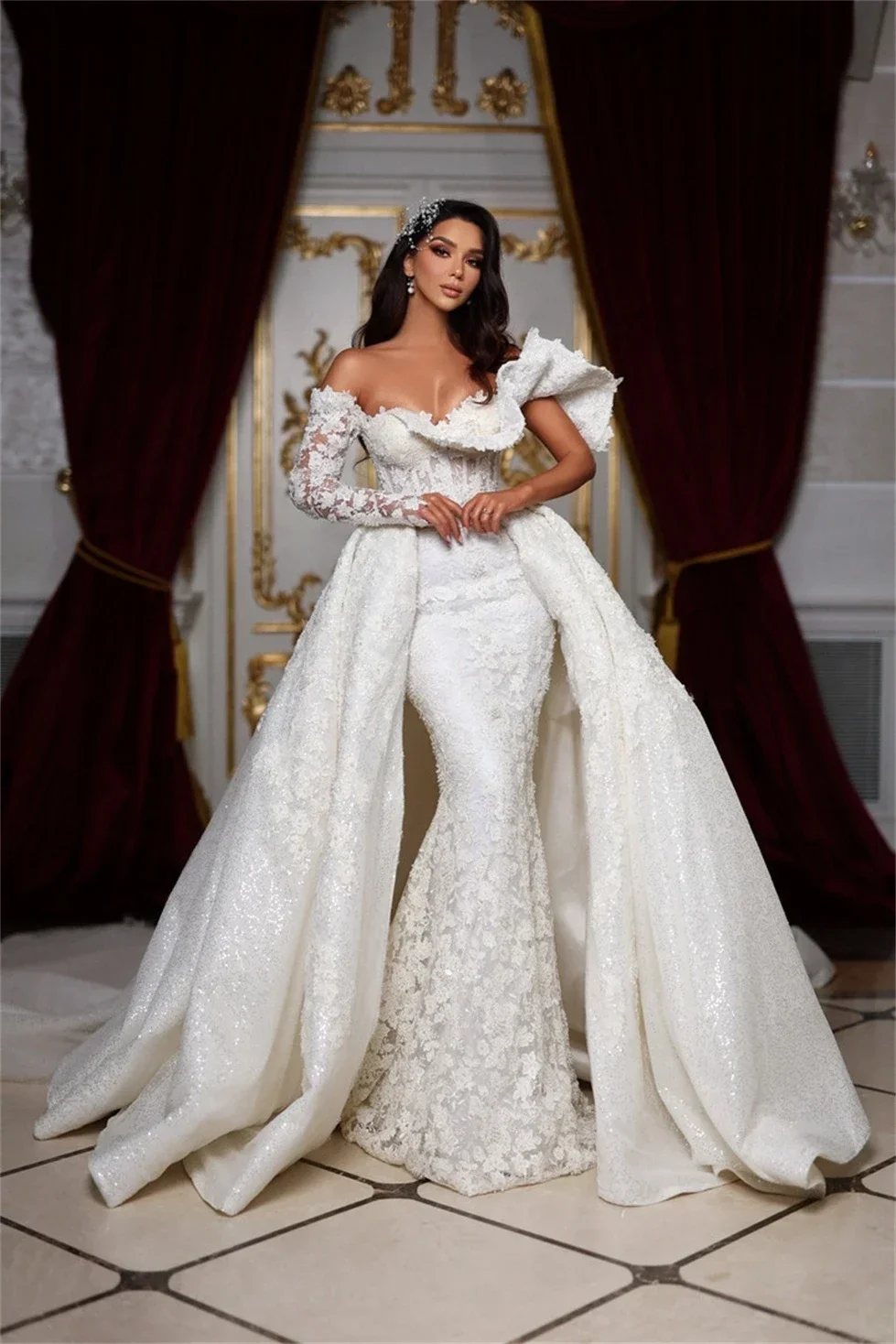 Personalizado querida renda apliques sereia vestido de casamento para noiva com trem destacável uma manga longa robe de casamento